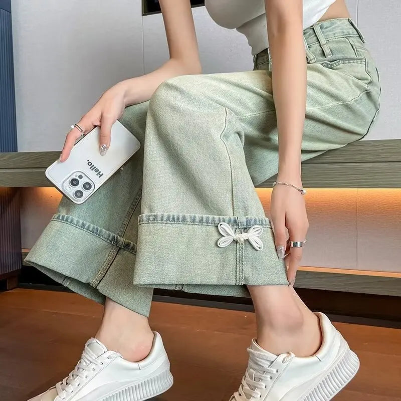 Retro wide leg jeans for women, spring and summer new styles, thin, high waisted, slimming, loose design, straight leg pants